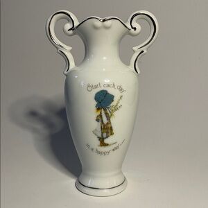 Vintage HOLLY HOBBIE White Vase w Classic Graphic Silver Accents Girlhood Whimsi